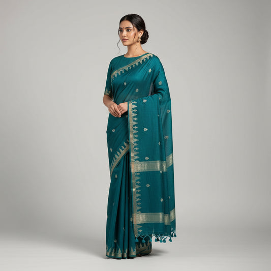 Teal Blue Bengal Cotton Saree with Butti and Woven Border