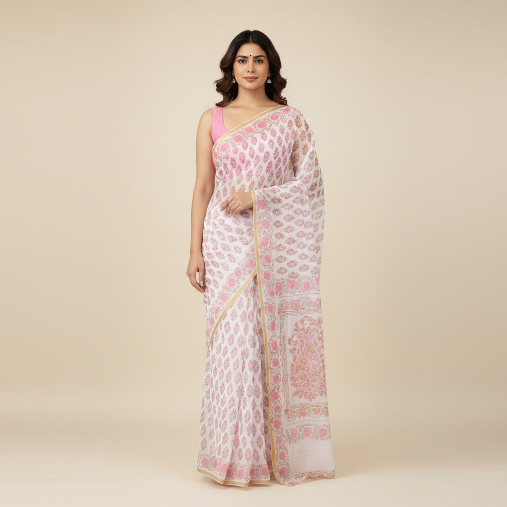 Woman in a white saree with pink floral patterns standing indoors.