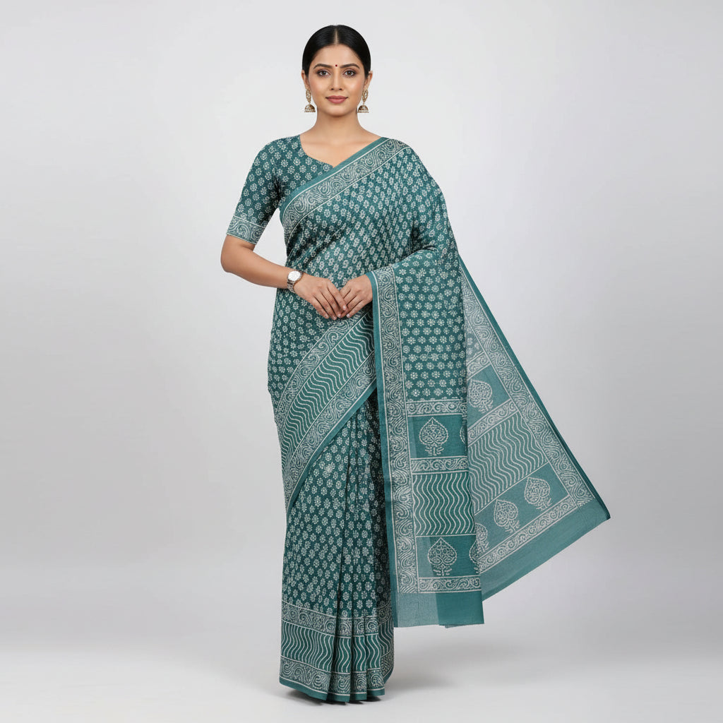 Green Handblock Mul Cotton Workwear Saree