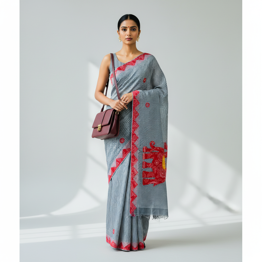 Grey Saree with red elephant patchwork 