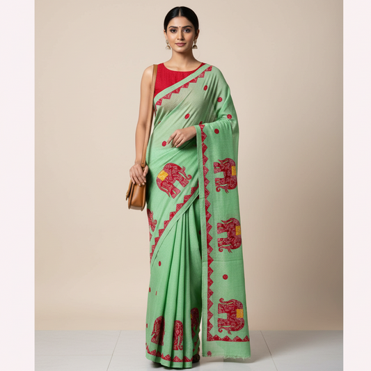 Green fabric with red elephant patch-work