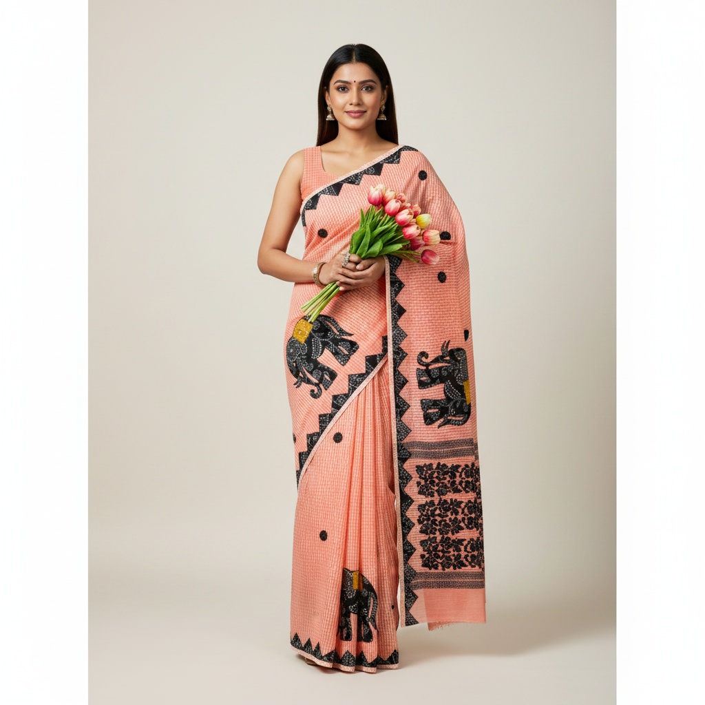 Pink checkered saree with elephant design 