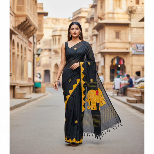 Black saree featuring an elephant design 