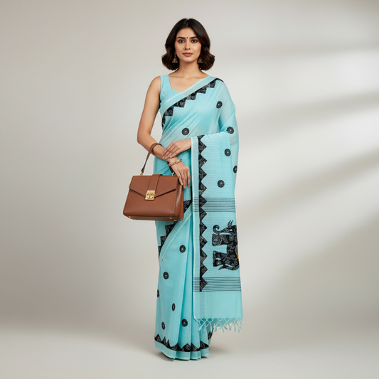 Blue Kota Saree with Elephant Patchwork Applique