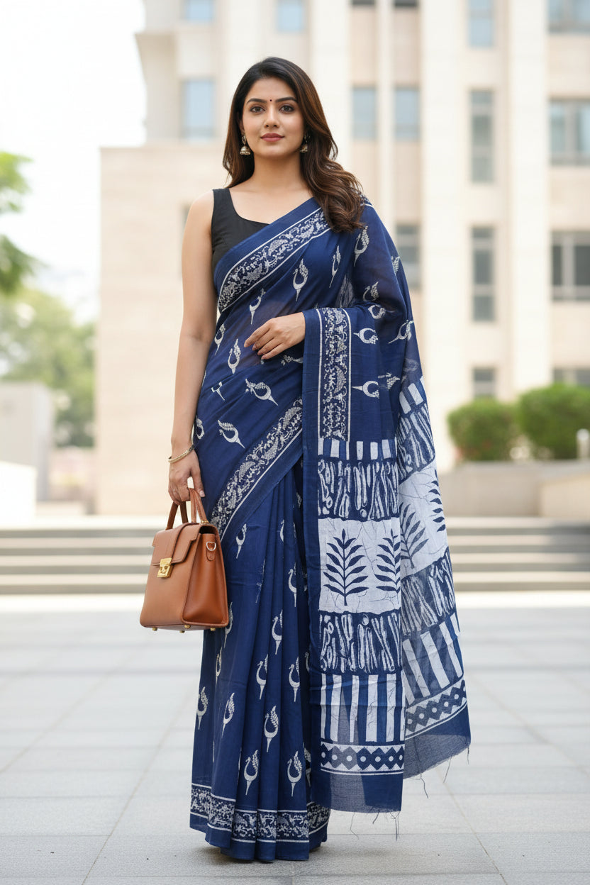 Woman wearing a blue and white patterned saree 