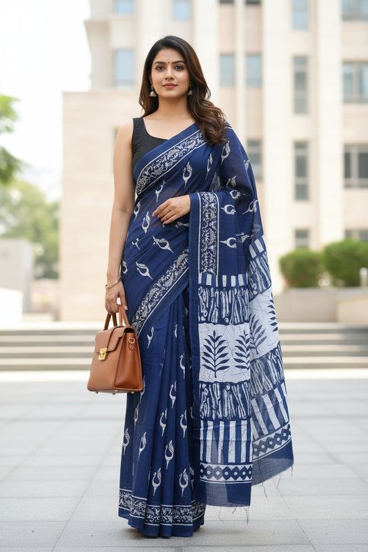 Woman wearing a blue and white patterned saree 