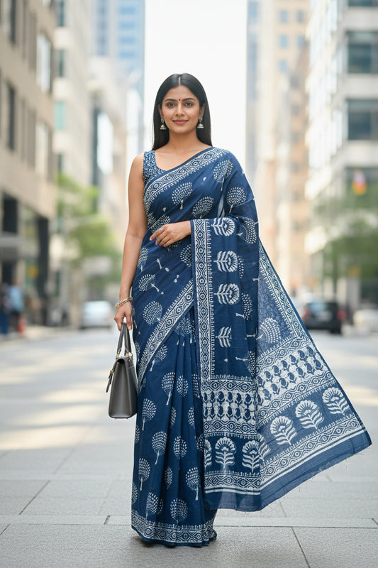 Blue and white patterned saree