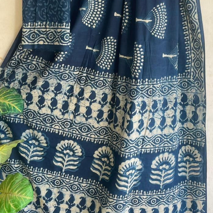 Blue and white patterned fabric with a plain background