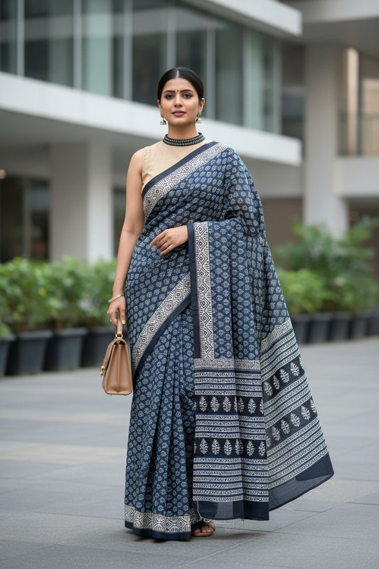Indigo Small Leaf Mul Cotton Workwear Saree