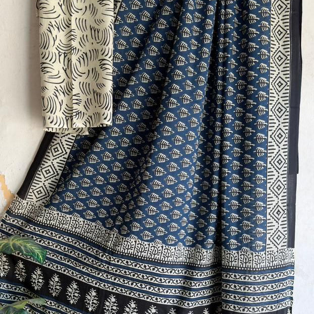 Indigo Small Leaf Mul Cotton Workwear Saree