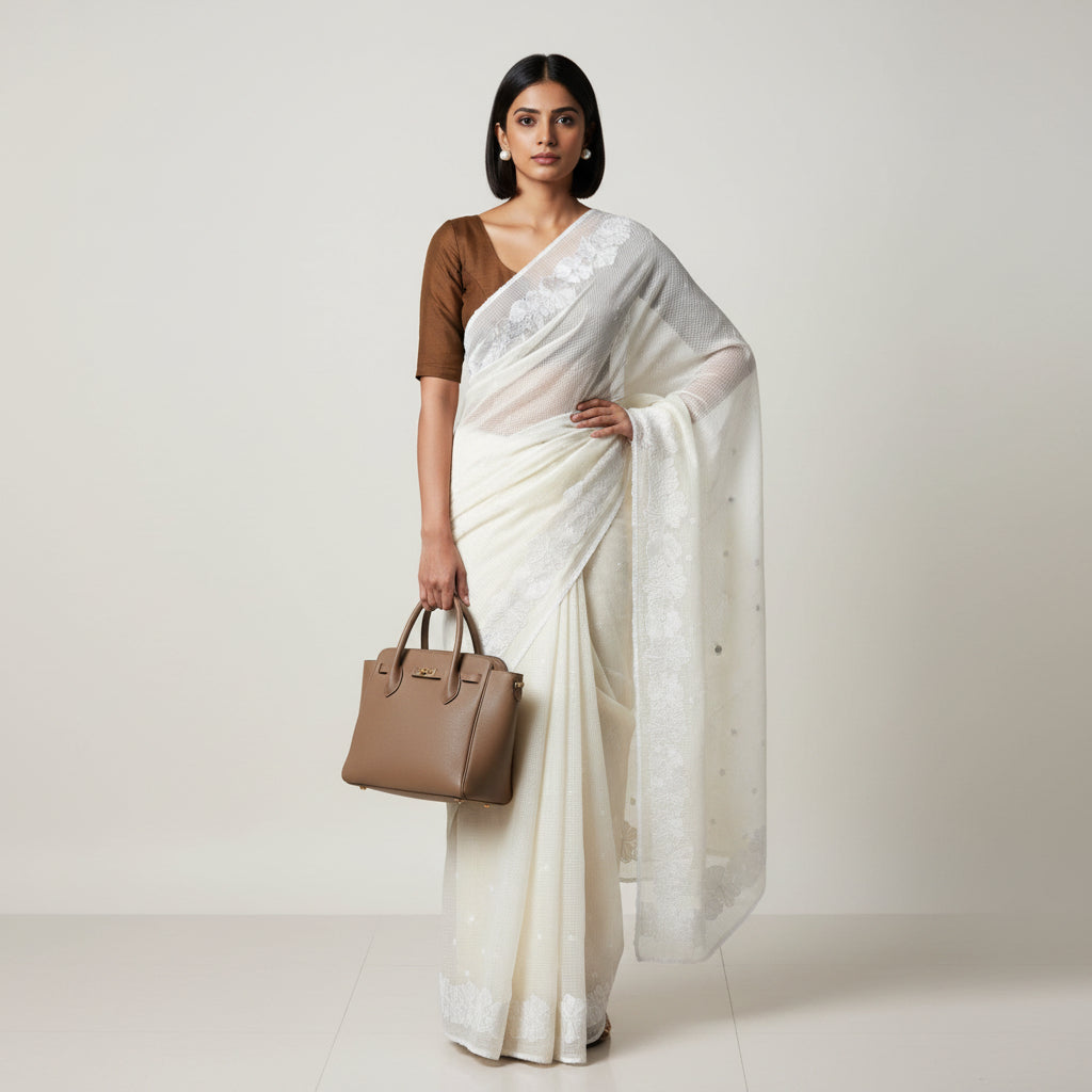 Folded white fabric with lace trim on a tiled floor