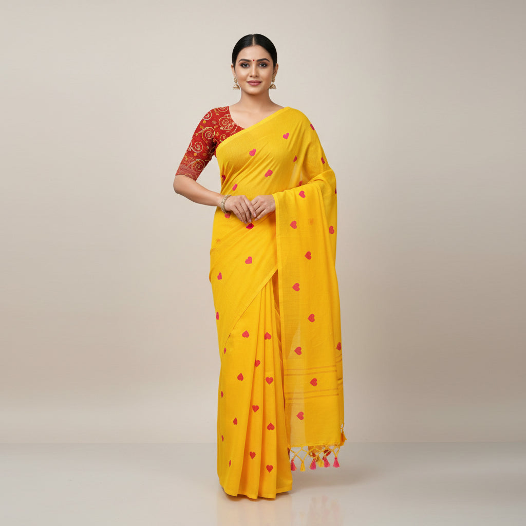 Yellow Soft Khadi Cotton Heart Print Saree