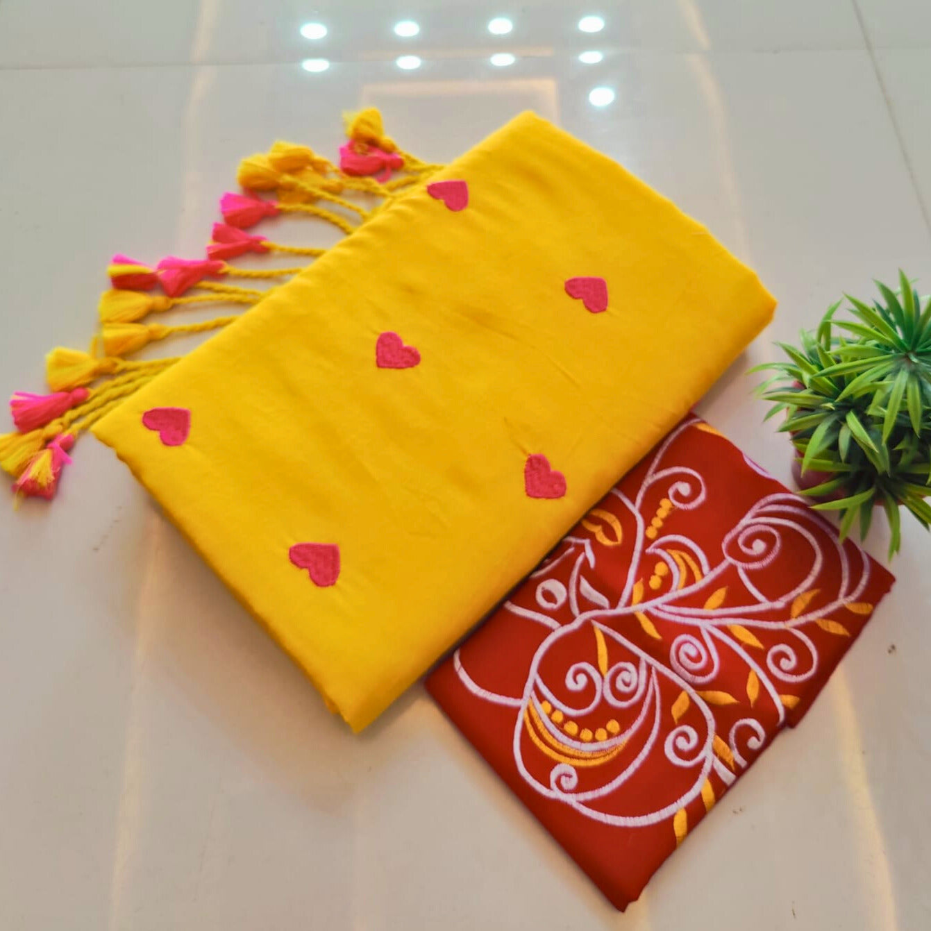 Yellow Soft Khadi Cotton Heart Print Saree