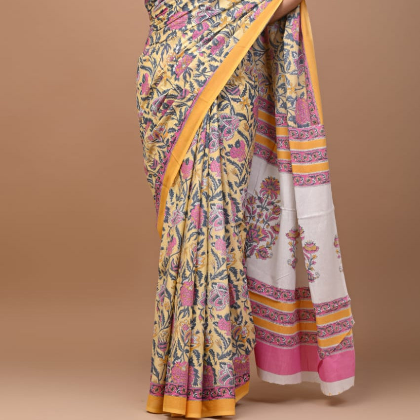 Yellow-pink Mul Cotton Workwear Saree