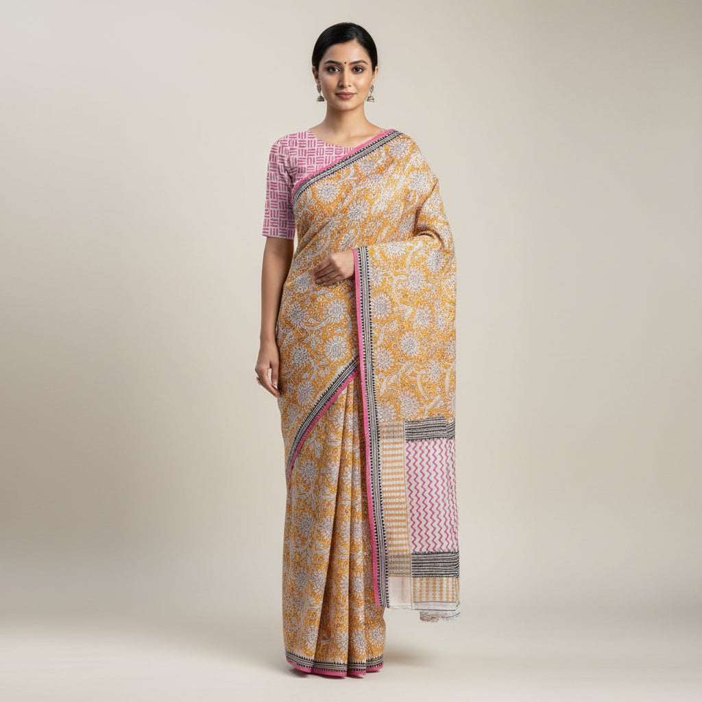 Yellow Mul Cotton Workwear Saree