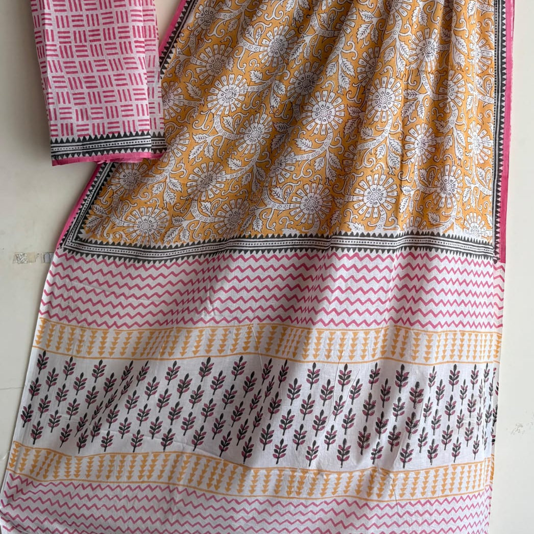 Yellow Mul Cotton Workwear Saree
