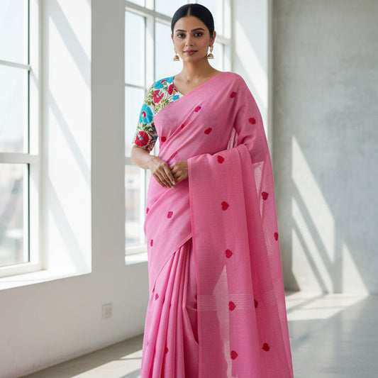 Pink Heart Print Khadi Saree