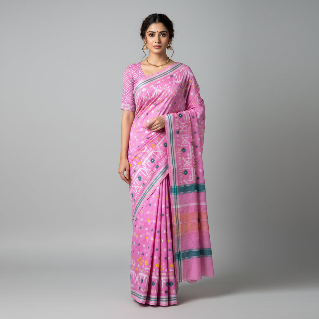 Pink cotton saree fabric with white geometric patterns, blue and yellow floral accents, and a matching pink fabric piece laid on top, photographed on a light floor.