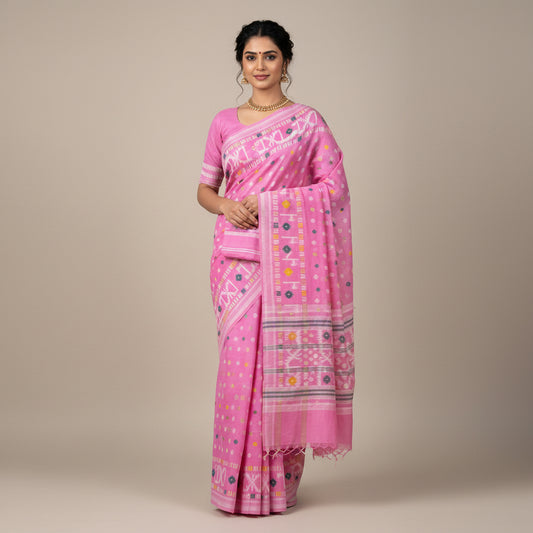Pink cotton saree fabric with white geometric patterns, blue and yellow floral accents, and a matching pink fabric piece laid on top, photographed on a light floor.