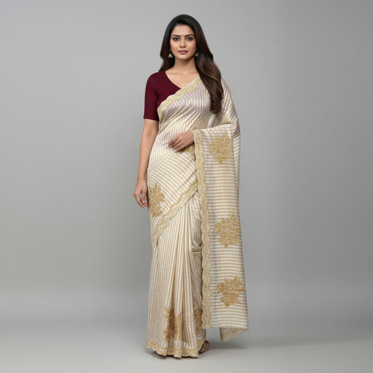 Golden Striped Floral Applique Saree