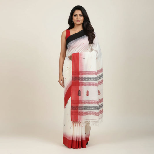 Ivory Cotton Red-Black Saree