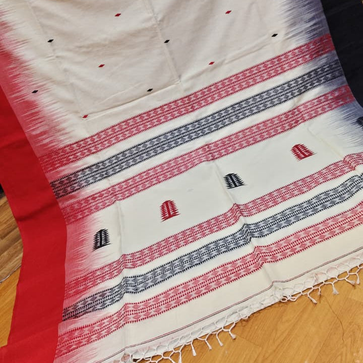 Ivory Cotton Red-Black Saree