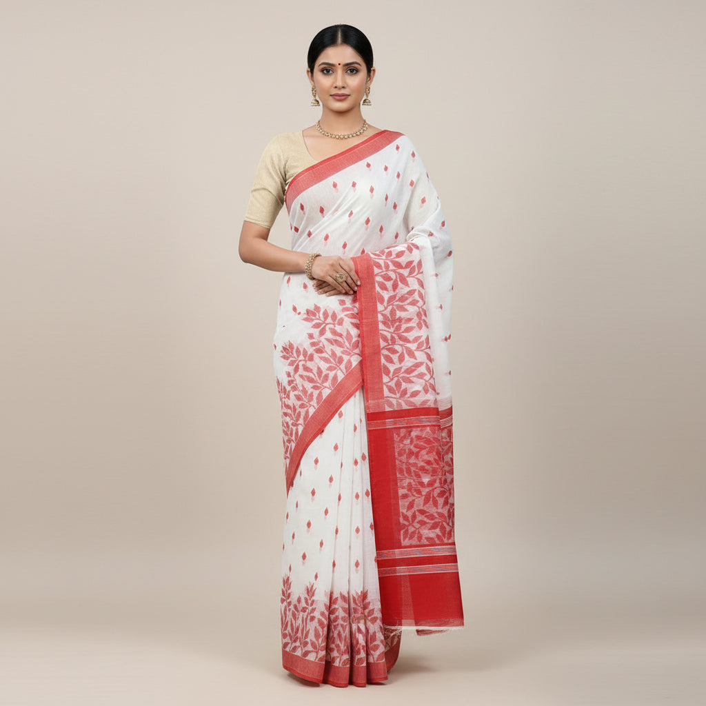 White-Red Cotton Jamdani Saree