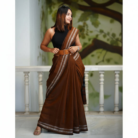 Brown Cotton Office Wear Saree - Soft Floral Border