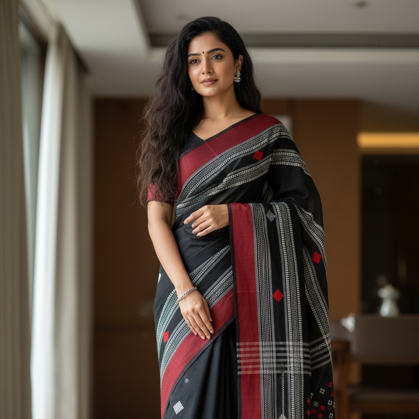 Black Dhonekhali Cotton Workwear Saree