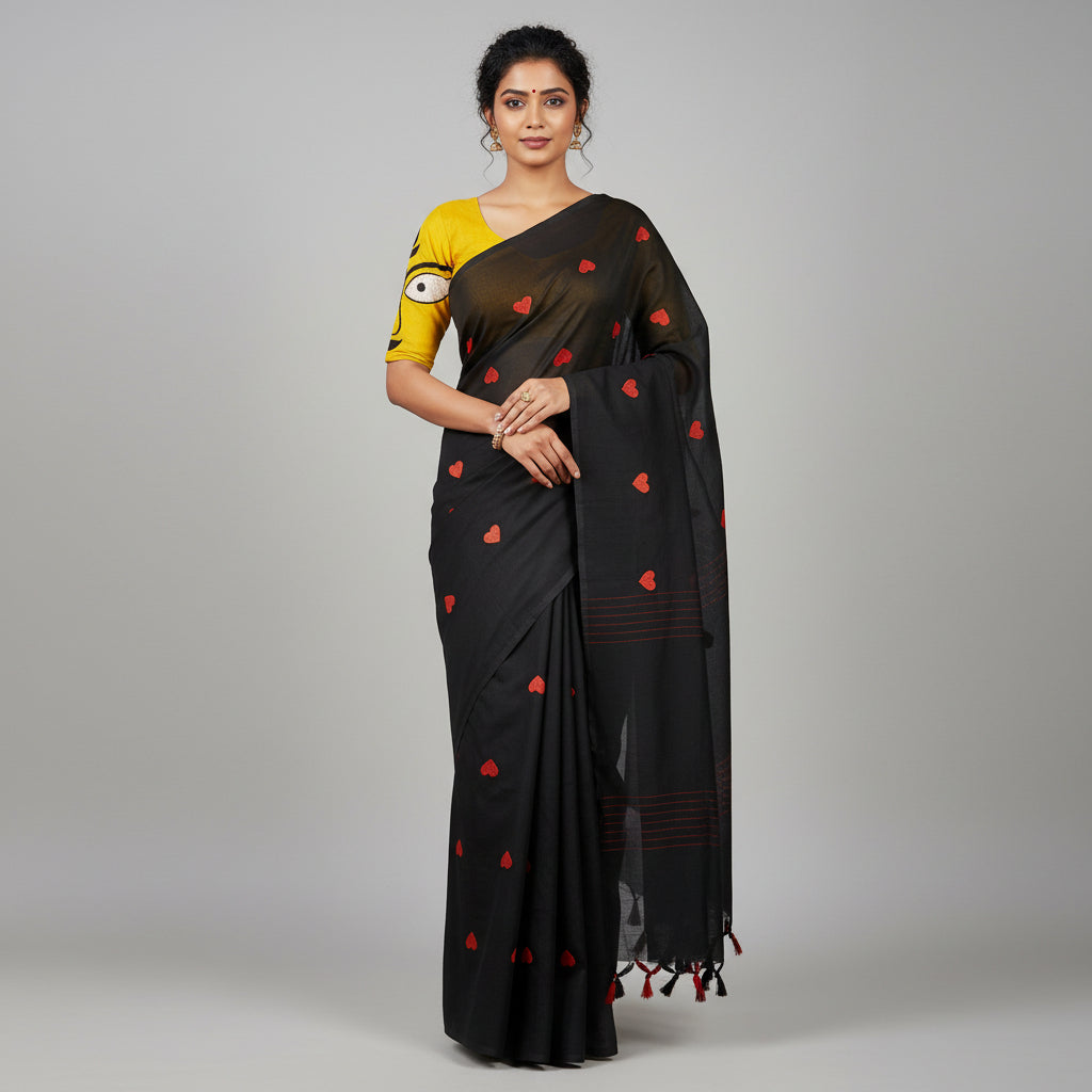 Black Soft Khadi Cotton Heart Print Saree