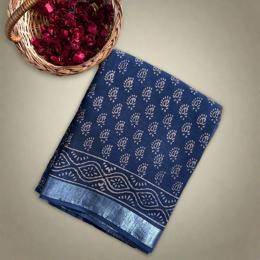 Navy blue linen cotton kairi print