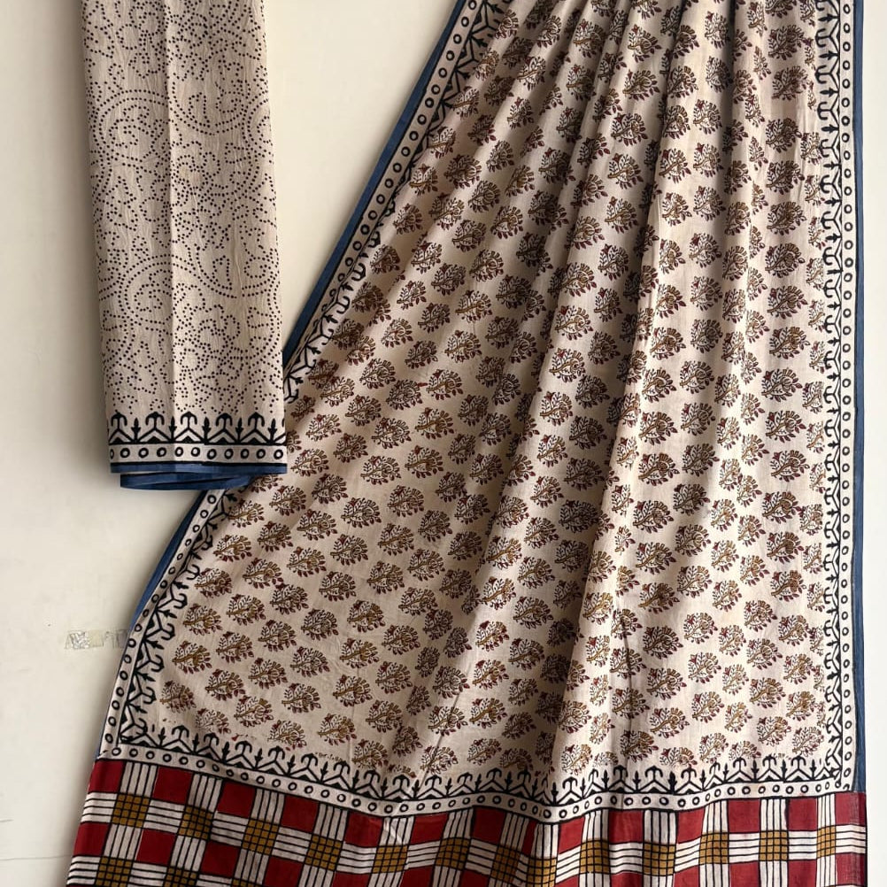 Beige Mul Cotton Handblock Workwear Saree