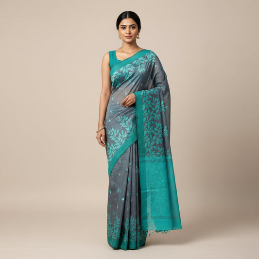 Grey-Teal Cotton Jamdani Saree