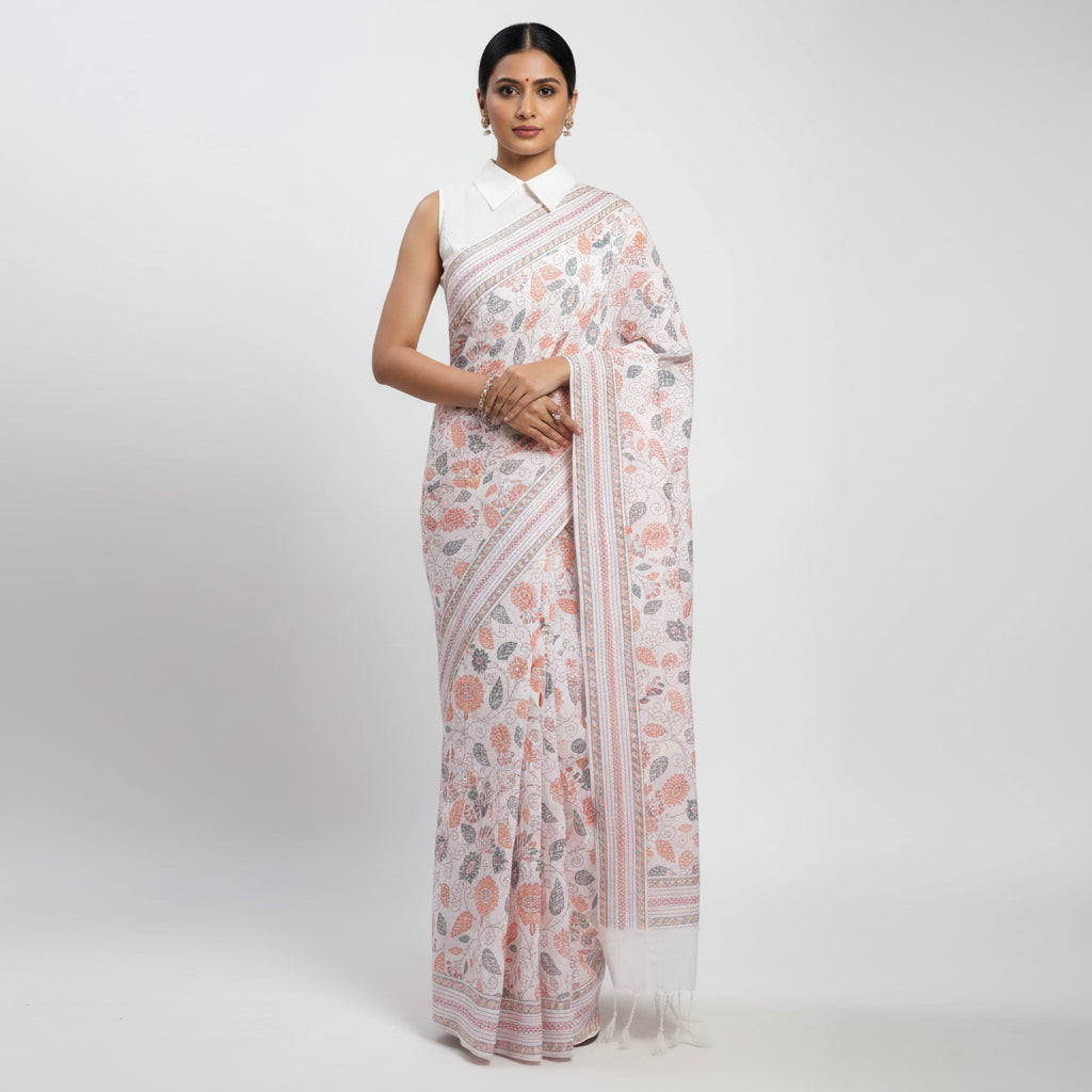 White Kantha Print Saree