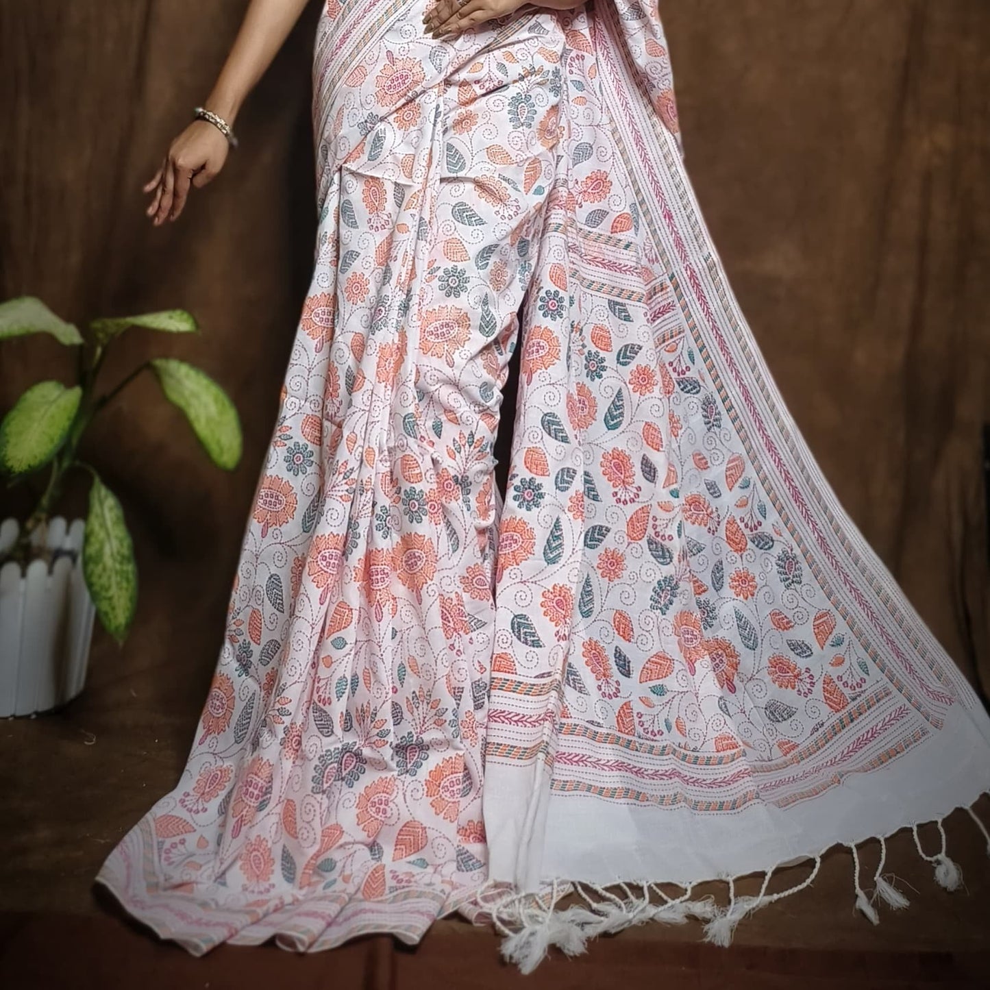 White Kantha Print Saree