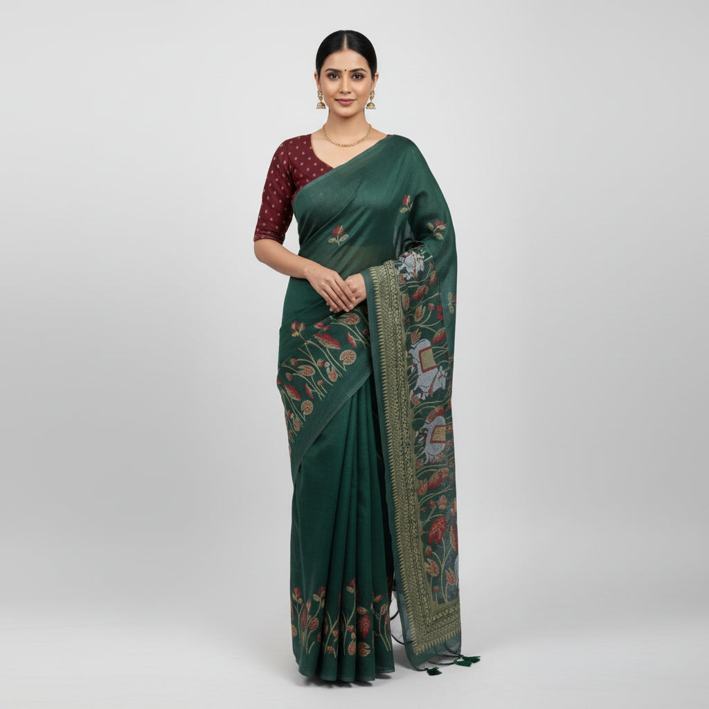 Dark Green Muga Cotton Silk Pichwai Workwear Saree