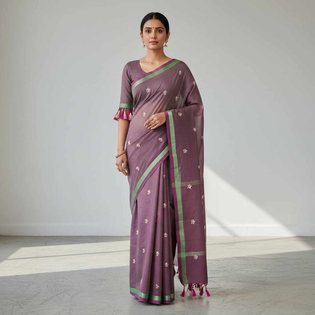 Parijat Purple Khadi Cotton Saree
