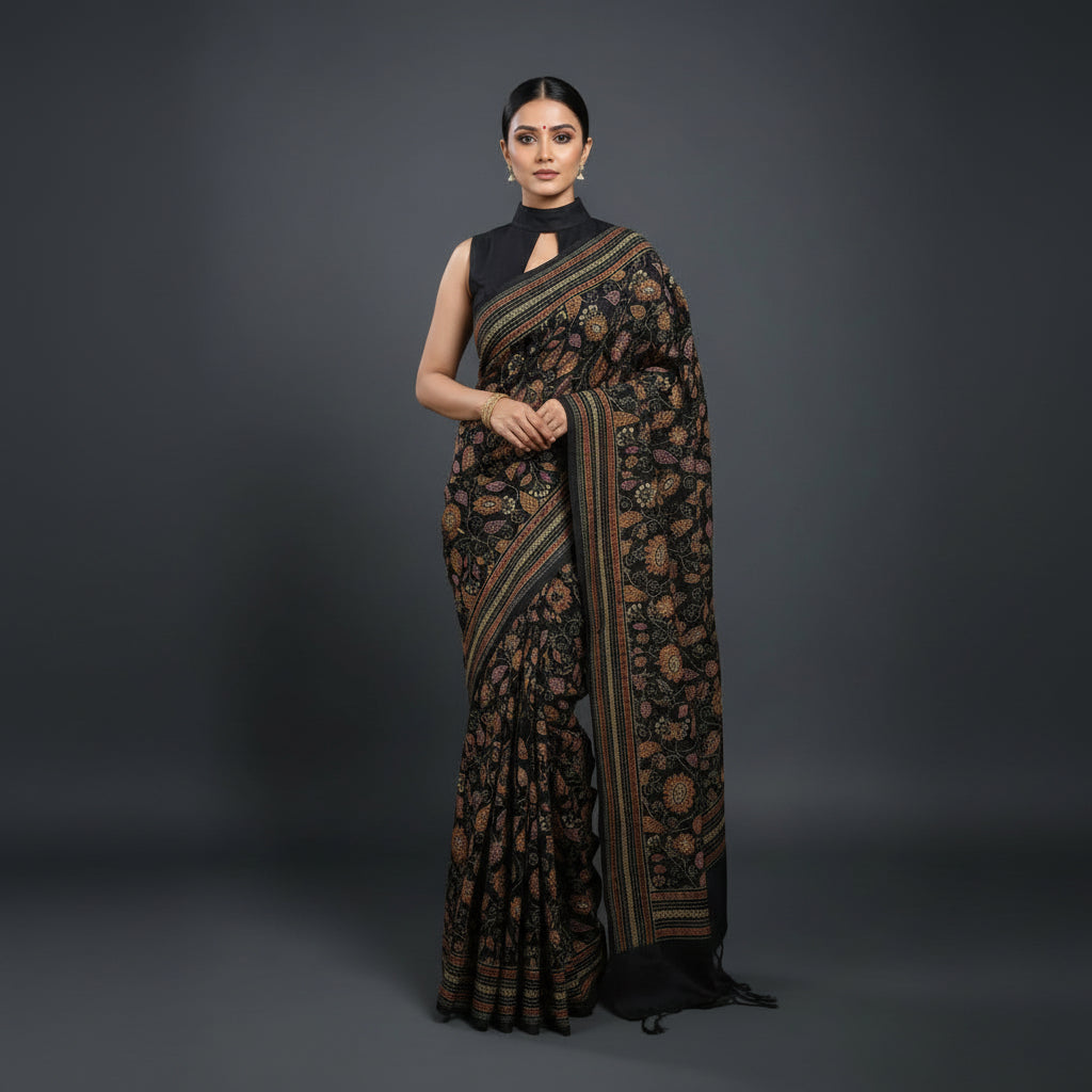 Black Kantha Print Saree