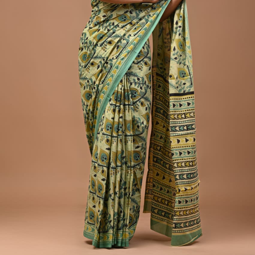 Green Floral Mul Cotton Workwear Saree