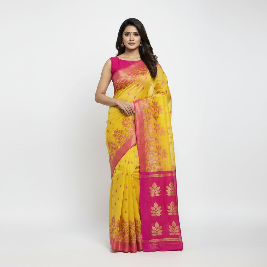 Yellow-Pink Cotton Jamdani Saree