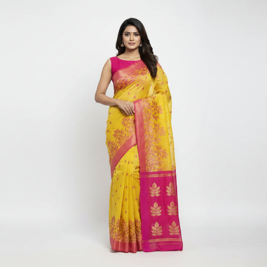 Yellow-Pink Cotton Jamdani Saree