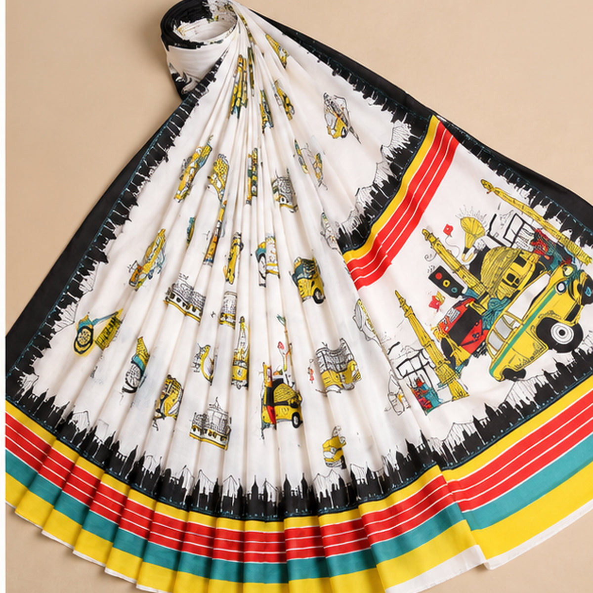 White Mul Cotton Car Print Workwear Saree