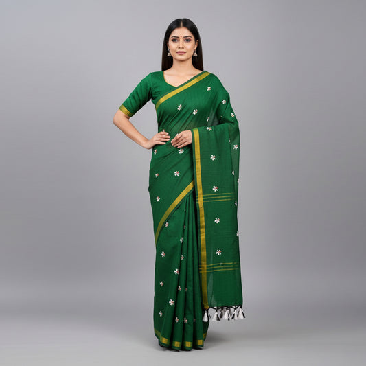 Parijat Green Khadi Cotton Saree