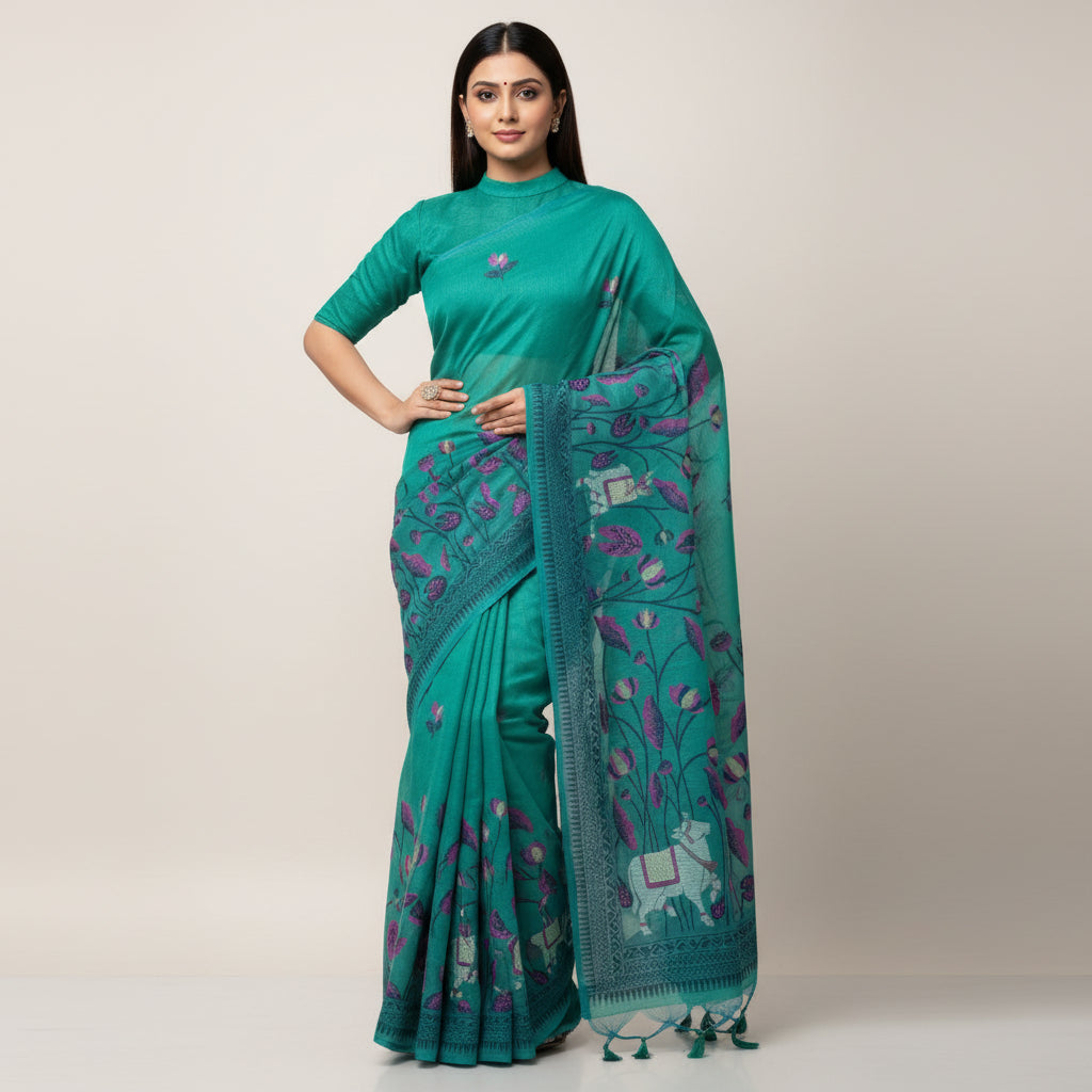 Green Muga Cotton Silk Pichwai Workwear Saree