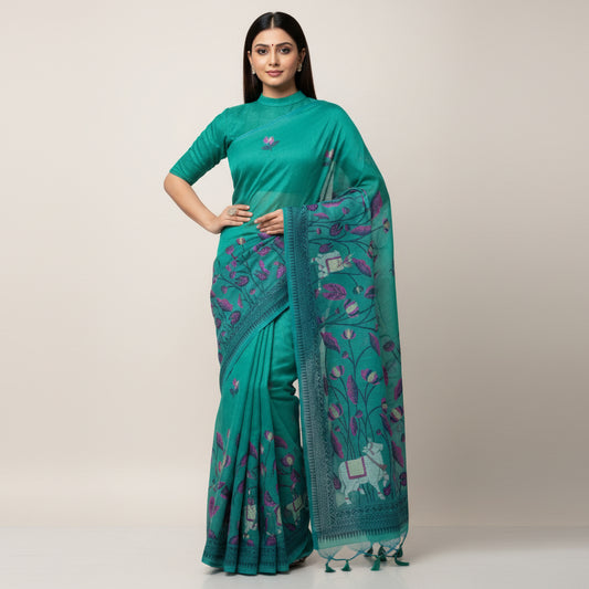 Green Muga Cotton Silk Pichwai Workwear Saree