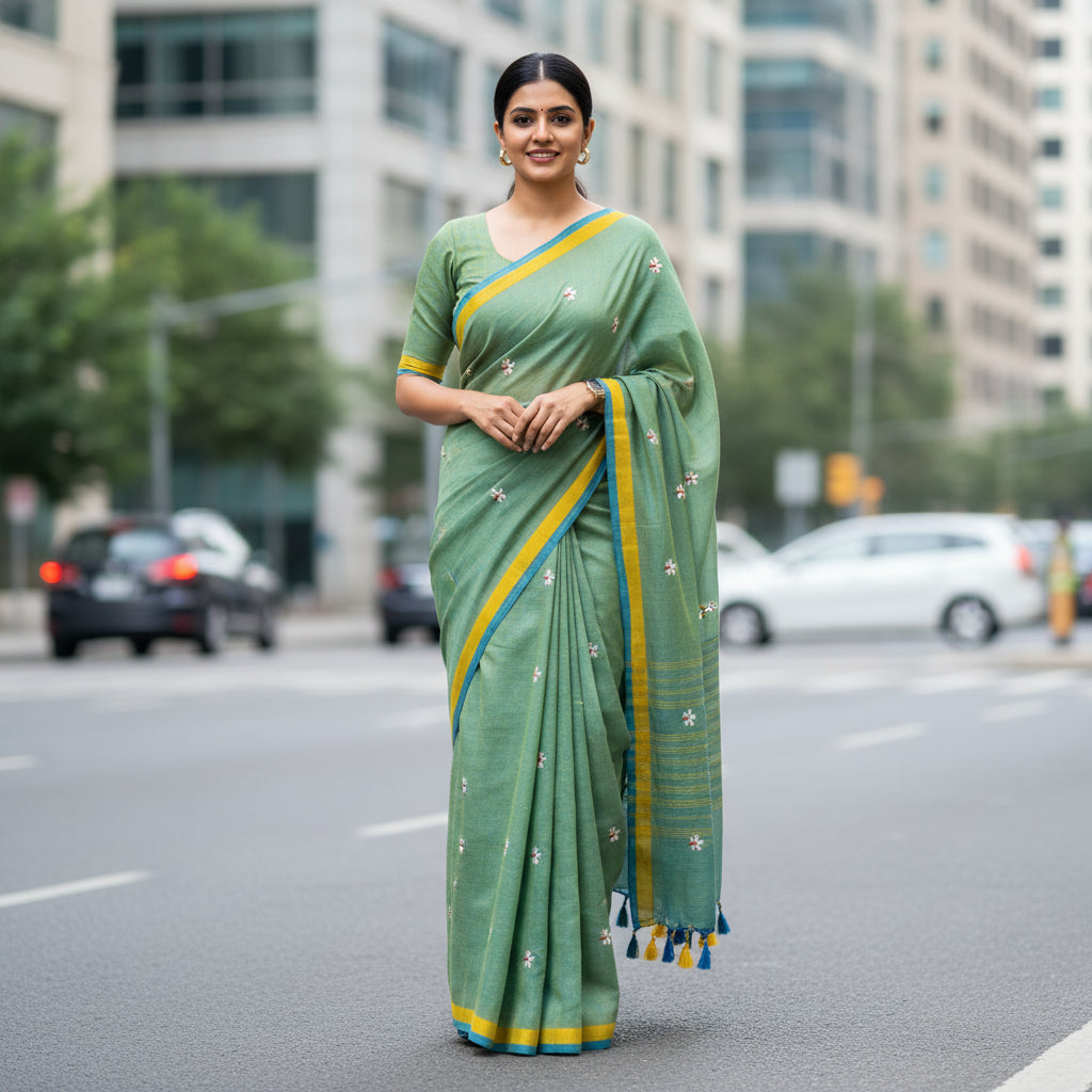 Parijat Green Khadi Cotton Saree