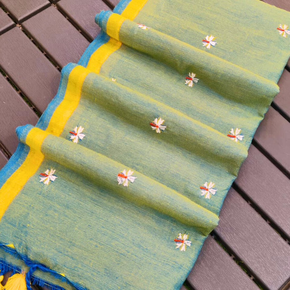 Parijat Green Khadi Cotton Saree