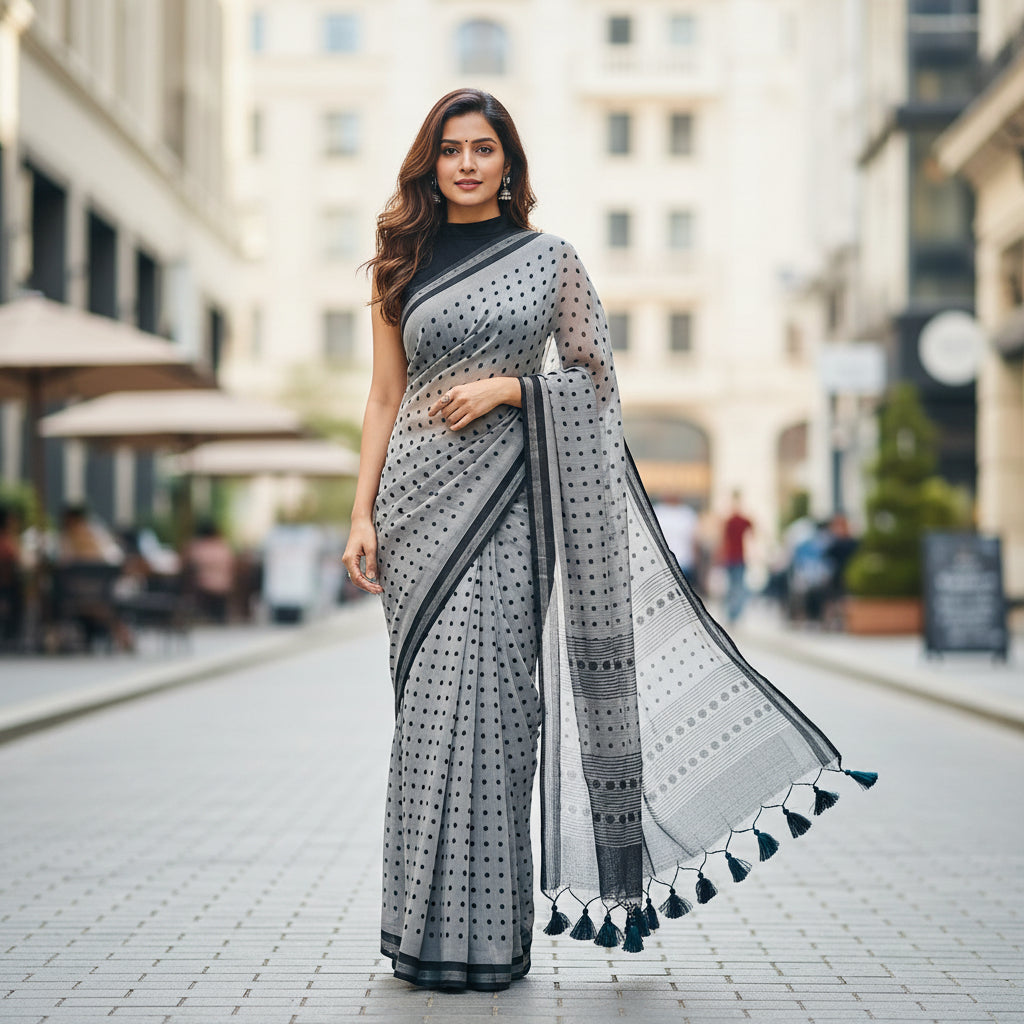 Polka Grey Mul Cotton Saree