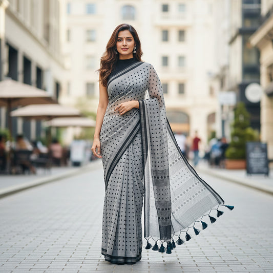 Polka Grey Mul Cotton Saree
