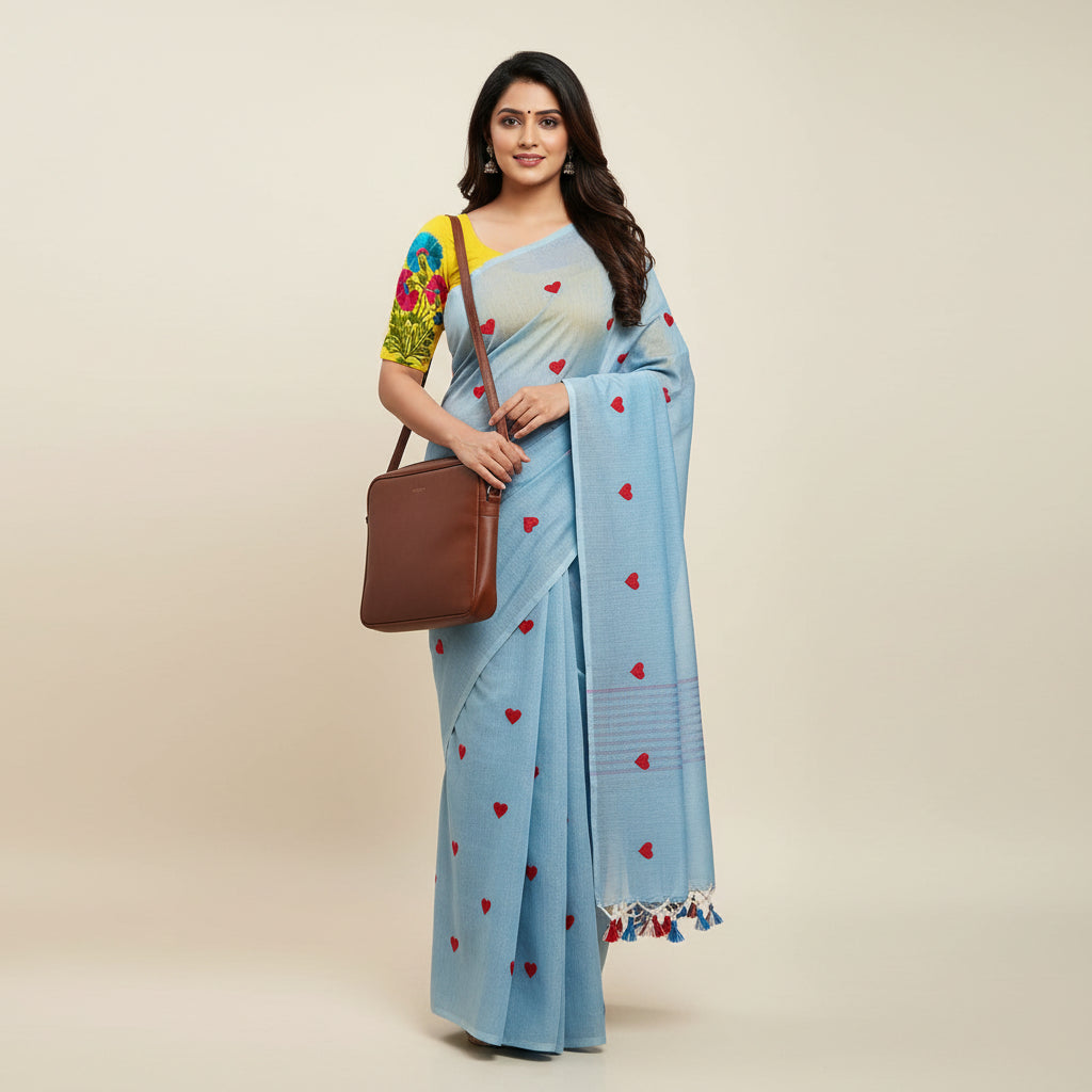 Blue Soft Khadi Cotton Heart Print Saree